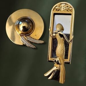2 Pc VTG UNIQUE LARGE Woman in Mirror and Hat brooch AJC stamped whimsical Art …